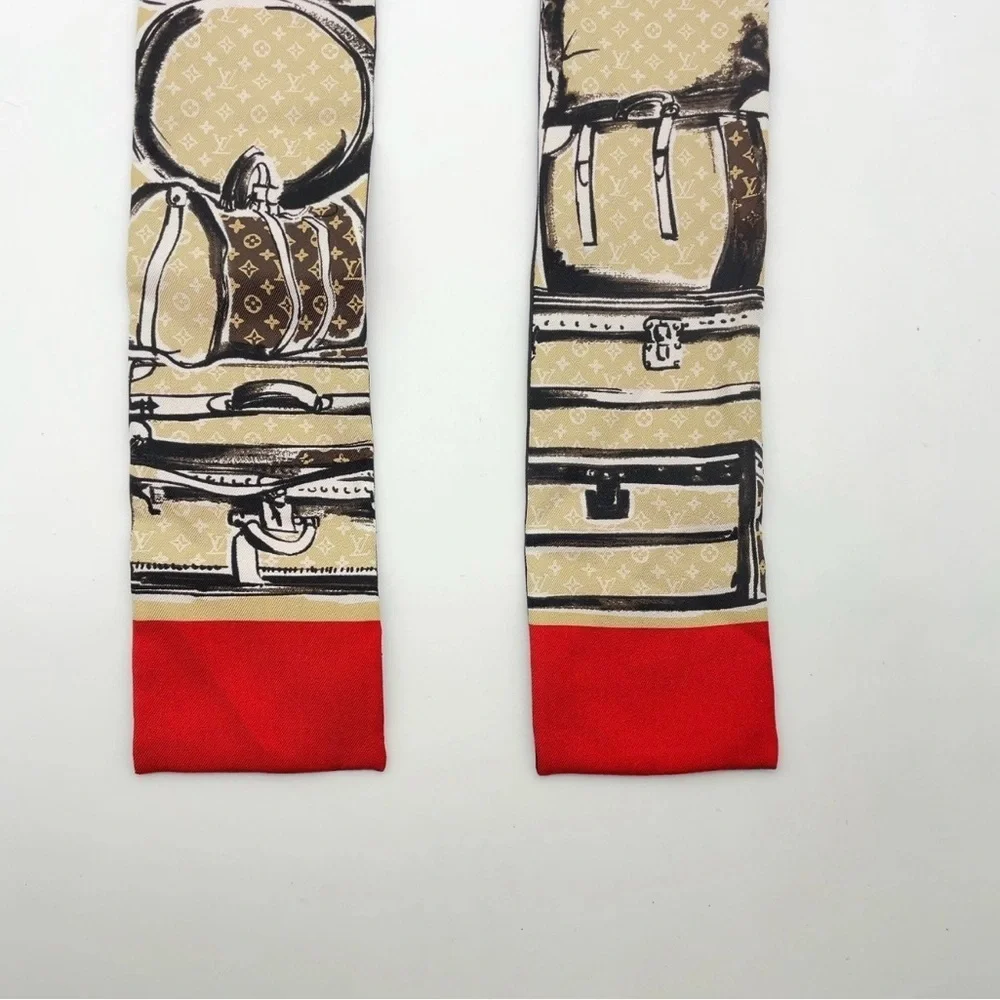 Auth Louis Vuitton Twilly Monogram Bandeau Red Silk Scarf/WB